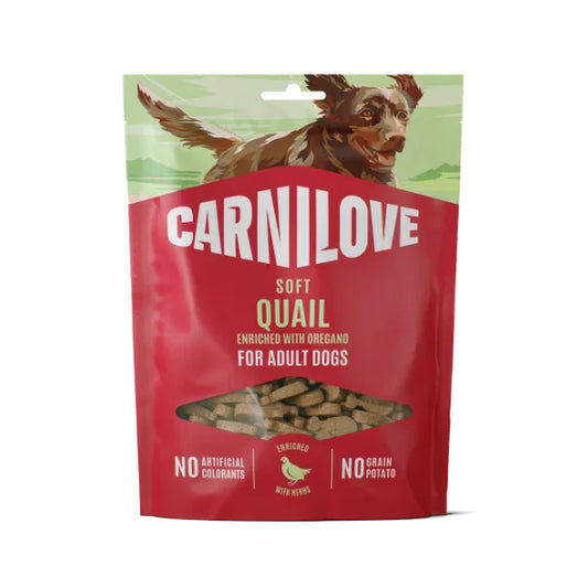 Carnilove soft quail dog food package on a white background